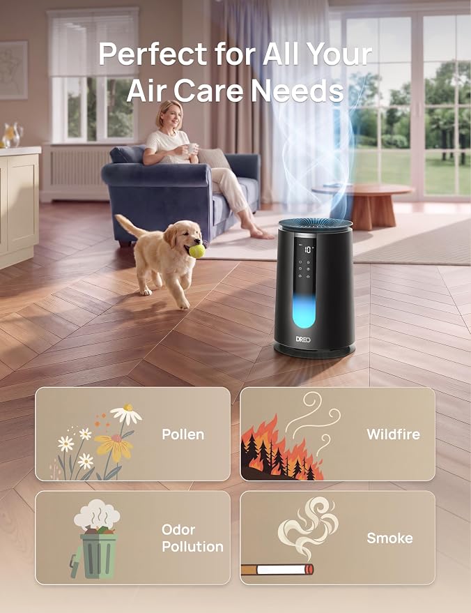 DREO Home Air Purifier 338, Bedroom HEPA Air Cleaner for Dorm Room, Pets, Smoke, Dust, Pollen,Odor with Scent Diffuser,PM2.5 Quality Monitor, 4 Fan Speeds & Auto/Turbo/18dB Quiet Sleep Mode, DR-HAP008