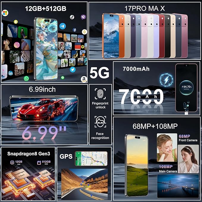 17PM Smartphone: Snapdragon 8 Gen 3, 12GB RAM + 512GB Storage, 7000mAh Battery, 6.99-inch Display, 68MP+108MP Camera, Android 15, 5G, Dual SIM - Superior OS Outperforms Competitors (Black)