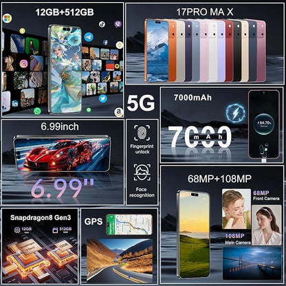 17PM Smartphone: Snapdragon 8 Gen 3, 12GB RAM + 512GB Storage, 7000mAh Battery, 6.99-inch Display, 68MP+108MP Camera, Android 15, 5G, Dual SIM - Superior OS Outperforms Competitors (Black)