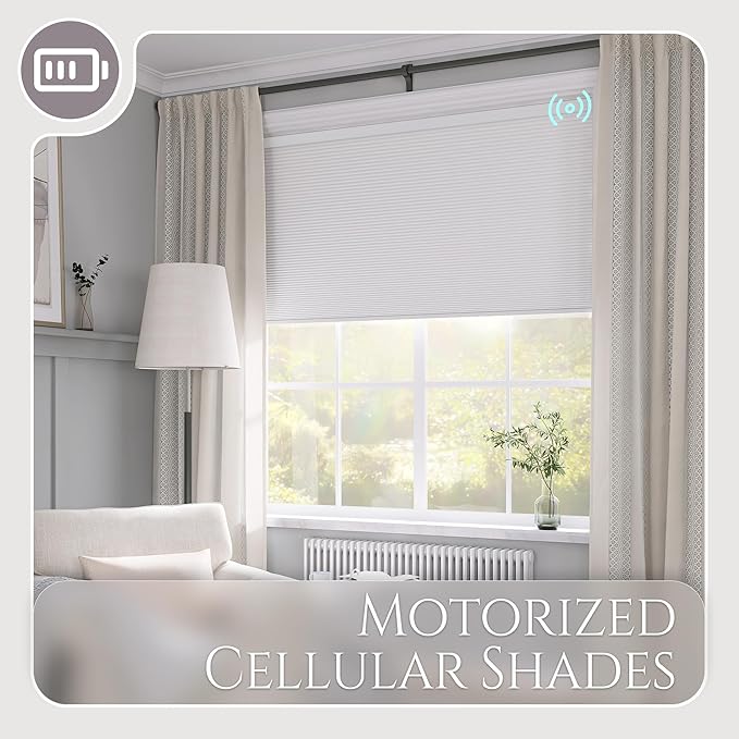 Motorized Cellular Shades with Cordless, Smart Electric Honeycomb Blind with Remote Control, Blackout or Light Filtering Fabric, Automatic Cellular Shades for Home and Office Indoor Window