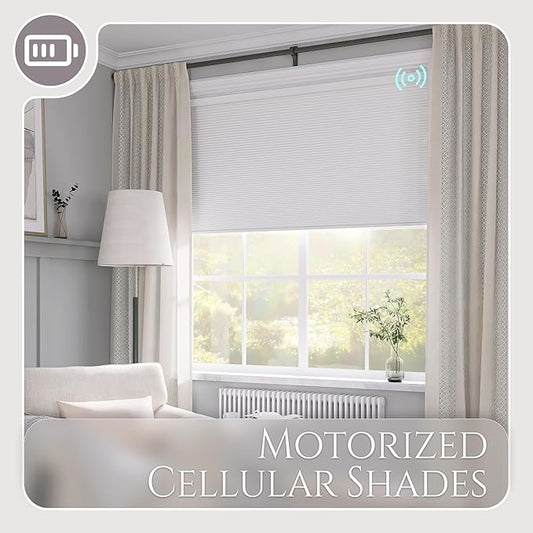 Motorized Cellular Shades with Cordless, Smart Electric Honeycomb Blind with Remote Control, Blackout or Light Filtering Fabric, Automatic Cellular Shades for Home and Office Indoor Window