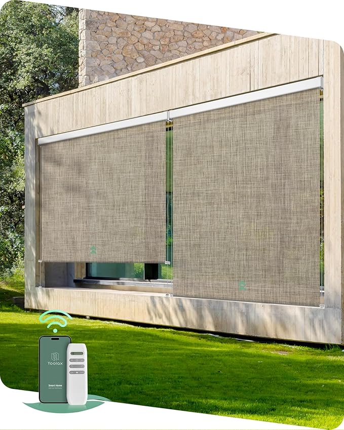 Yoolax Motorized Outdoor Shades Smart Retractable Patio Screens with App & Remote Control, Electric Blinds for Porch Patio Waterproof Roller Shades 5X8ft (5% Openness Minty Oat Latte)