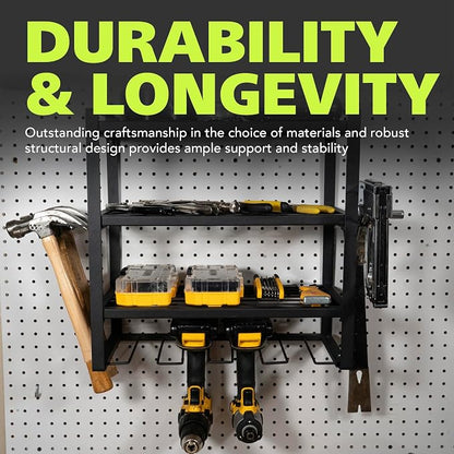 Pearington Wall Mount Power Tool Organizer, 4-Layer Drill Rack with Screwdriver, Plier, and Hammer Holders, Heavy-Duty Metal Garage Storage Shelf, Black
