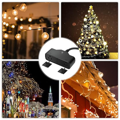 15A Outdoor Smart Plug, Heavy Duty Smart Home Wi-Fi Outlet Timer, Outlet with 2 Sockets, Wireless Remote Control, Compatible with Alexa & Google for String Light and Motors, 2.4 GHZ, Black