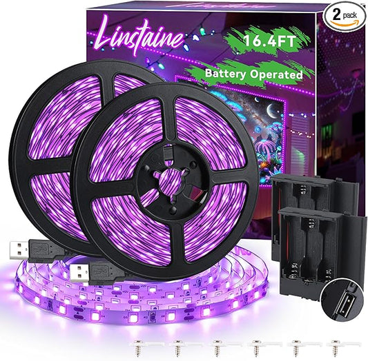 16.4FT Black Light Strip with USB Plug + Battery Box, Adhesive 300LEDs Blacklight Fixture, Battery & USB Operated for Glow Neon Party Birthday Glass Cabinet Fluorescent Poster Fishing Boat
