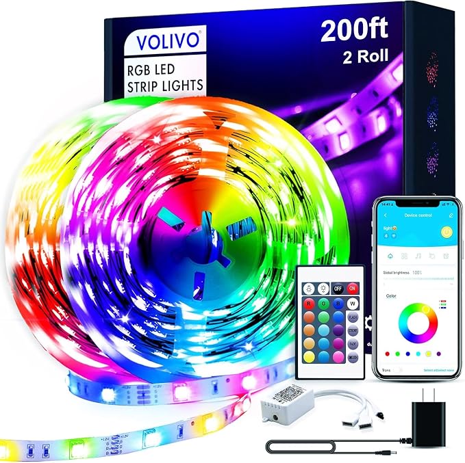 VOLIVO 200FT LED Strip Lights for Bedroom RGB Color Changing | Bluetooth App Control, IR Remote Control, Music Sync, Room Home Decor Lighting