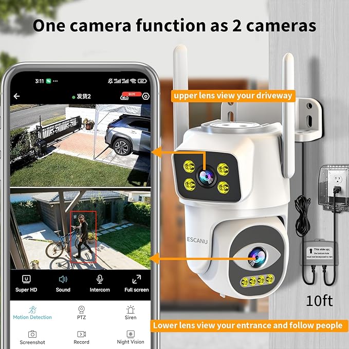 ESCANU Cameras for Home Security with Dual Lens, 2.4G/5G Outdoor Security Camera, WiFi Camera for Home Security, Color Night Vision, 2-Way Audio, Auto Tracking, 24/7 Continuous Recording