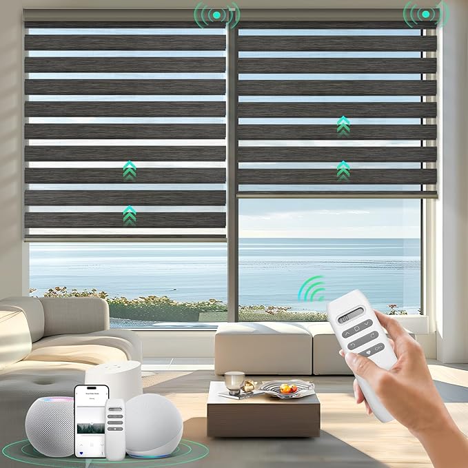 HeyBlinds Motorized Zebra Blinds with Remote, Smart Cordless Electric Zebra Shades for Indoor Windows Compatible with Alexa Google & Homekit, Custom Size (Gentleman-Coffee BO)