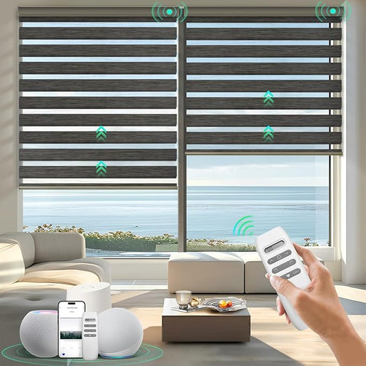 HeyBlinds Motorized Zebra Blinds with Remote, Smart Cordless Electric Zebra Shades for Indoor Windows Compatible with Alexa Google & Homekit, Custom Size (Gentleman-Coffee BO)