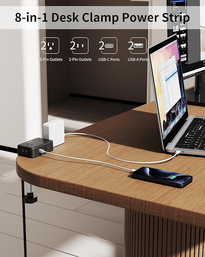 HOPOW Desk Clamp Power Strip, Desktop Mount Charging Station with 4 Outlets 4 USB Ports (2 USB C), 6Ft Under Desk Power Strip, Fits 2.75" Tabletop Edge, Extension Cord for Home Office, Black
