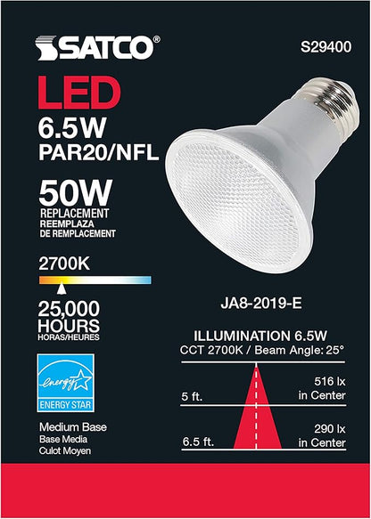 Satco S29402 6.5 Watt 120 Volt PAR20 LED Light Bulb; 3500K Neutral White Light; 25 deg. Beam Angle; E26 Medium Base; Dimmable (6 LED Light Bulbs)