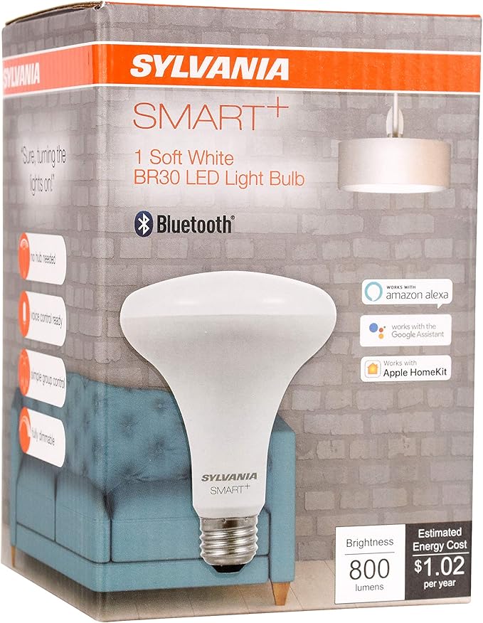 SYLVANIA SMART Bluetooth BR30 LED Flood Light Bulb, 65W Equivalent, Efficient 9W, 2700K, Dimmable, for Alexa and Google Assistant - 1 Pack (75566)