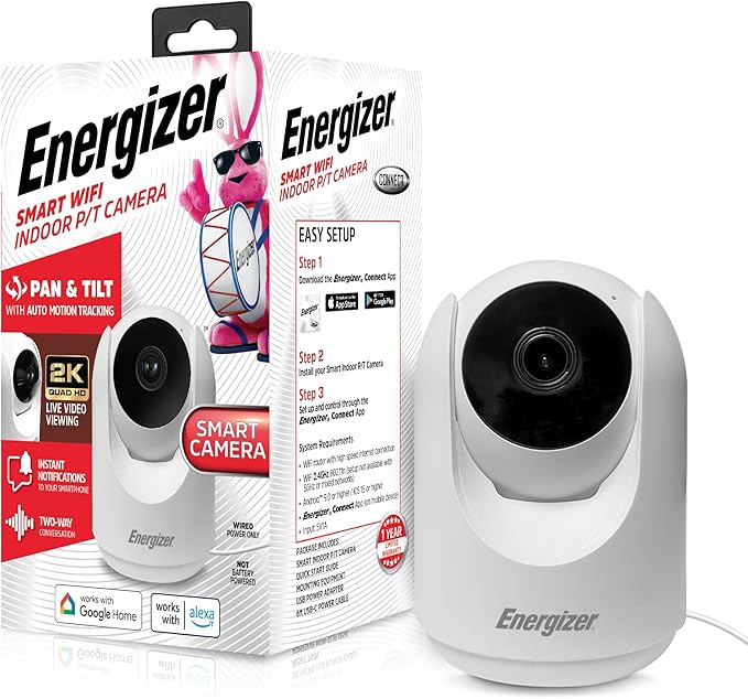 Energizer Smart 2K Indoor Pan & Tilt Wired Camera, Motion Tracking, Two-Way Audio, Night Vision, Instant Notifications, Recording, App, Hub-Free Wi-Fi Connection, Compatible with Alexa & Google Home