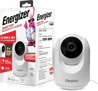 Energizer Smart 2K Indoor Pan & Tilt Wired Camera, Motion Tracking, Two-Way Audio, Night Vision, Instant Notifications, Recording, App, Hub-Free Wi-Fi Connection, Compatible with Alexa & Google Home
