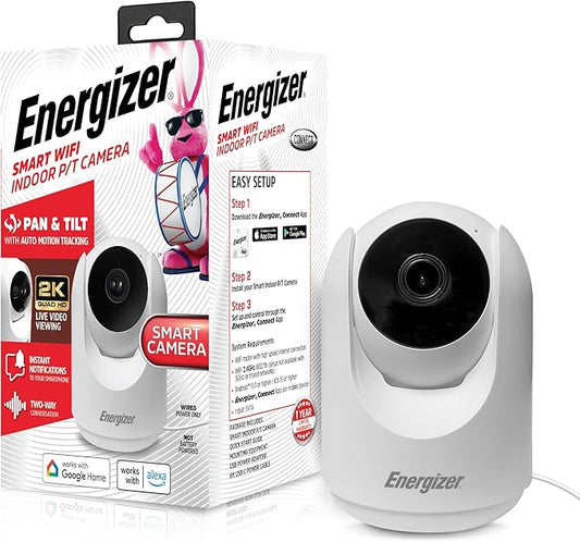 Energizer Smart 2K Indoor Pan & Tilt Wired Camera, Motion Tracking, Two-Way Audio, Night Vision, Instant Notifications, Recording, App, Hub-Free Wi-Fi Connection, Compatible with Alexa & Google Home