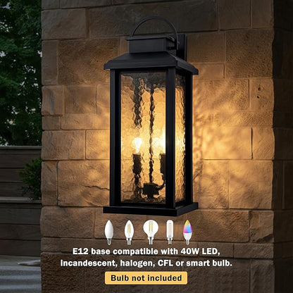 20 Inch Large Outdoor Light Fixture, 2-Light Porch Lights Outdoor Wall Lights with Water Glass, Matte Black Waterproof Exterior Lighting Fixtures Outside Lights for House