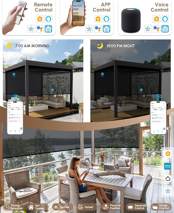Kincmo Motorized Outdoor Shades for Patio Porch, Custom Outdoor Motorized Blinds with Remote, Waterproof & Windproof Patio Shades Work with Apple Homekit,Alexa,Google (5% Openness Black)