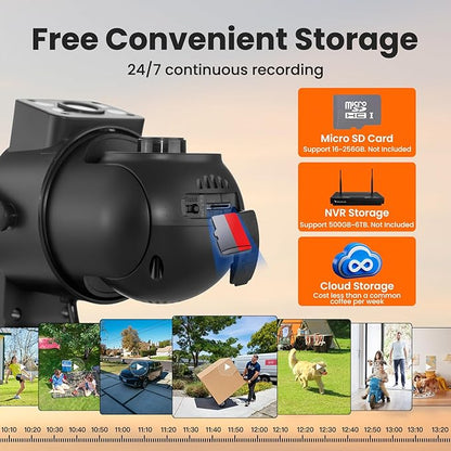 Dual-Lens 180+° FOV Home Wireless Outdoor Security Camera with AI Tracking, 6MP QHD 360° PTZ, WiFi 6 Dual Band, 24/7 Continuous Record (Add-on CAM to NVR, Also Works Standalone)