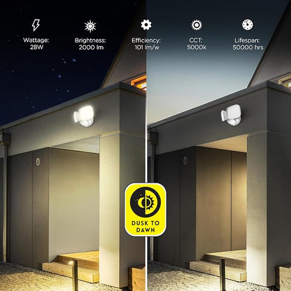 Feit Electric 28W Dusk to Dawn Dual Head Outdoor LED Security Flood Light, 2000 Lumens, 5000K Daylight, Adjustable Heads, Waterproof, Hardwired, 50,000-Hour Lifetime, S9DFL/850/DD/WH