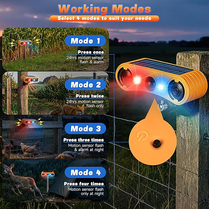 Solar Motion Sensor Alarm Outdoor, Red & Blue LED Strobe Light with 130dB Dual Speakers, 13 Loud Sounds Dog Barking & Siren, Continuous Loop Playback, 4 Modes for Deer Bear Coyote Fox Deterrent