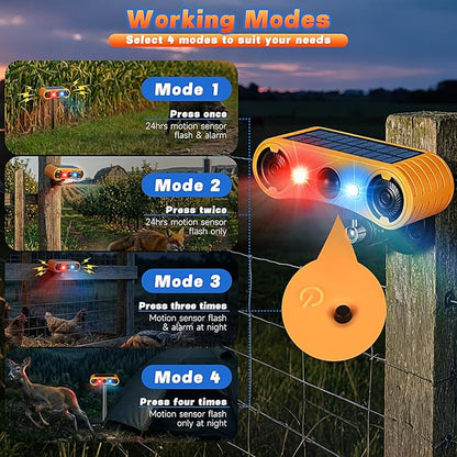 Solar Motion Sensor Alarm Outdoor, Red & Blue LED Strobe Light with 130dB Dual Speakers, 13 Loud Sounds Dog Barking & Siren, Continuous Loop Playback, 4 Modes for Deer Bear Coyote Fox Deterrent