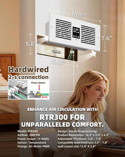 Hardwired Reversible Room to Room Fan, 300 CFM Through Wall Fan | No Plug, 2-Way Airflow, Remote Control, Thermostat 35F-99F, 5 Speeds, Fits 3.8-7.4 in Walls, Bedroom, Kitchen, Laundry