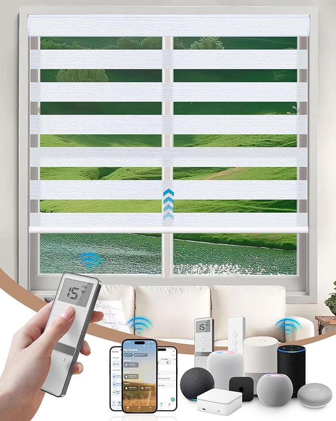 Kincmo Motorized Blinds with Remote, Motorized Zebra Shades Work with Apple Homekit,Alexa,Google Home, Customized Electric Blinds with Remote,App,Voice Control (70% Blackout Galaxy White)