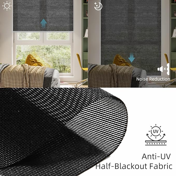 SmartWings Motorized Light Filtering Shades, Work with Matter Homekit Z-Wave Zigbee Alexa Google, 50% Blackout PVC Free Smart Blinds for Windows Cordless Window Shades with Remote Customized, Black