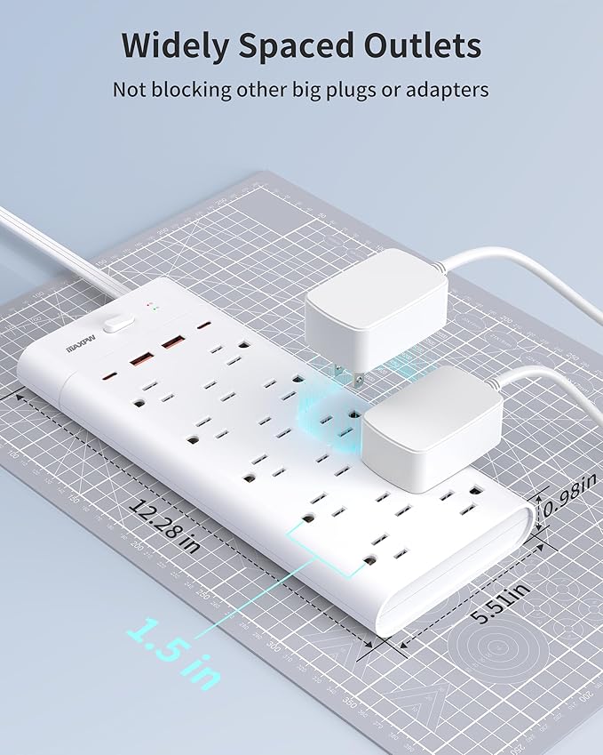 Power Strip, Surge Protector with 14 Outlets and 4 USB Ports (2 USB C), 10 Ft Flat Plug Extension Cord, 1700 Joules, Wall Mount for Home, Office, Dorm, White