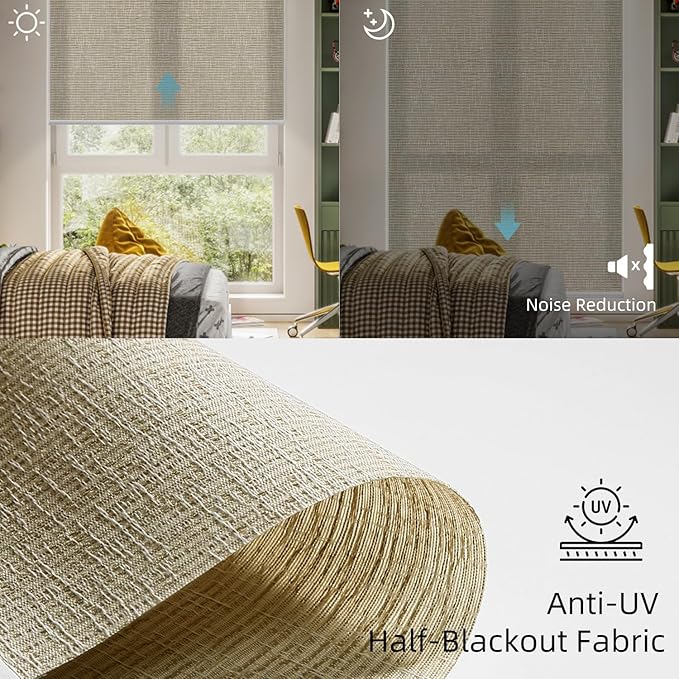 SmartWings Motorized Light Filtering Shades, Work with Matter Thread Homekit Z-Wave Alexa Google, 70% Blackout Shades Translucent, Cordless Blinds with Remote Control Rechargeable, Safari Biscuit