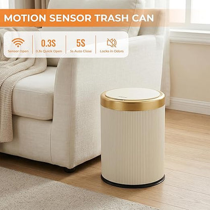 Pukomc Bathroom Trash Can with Lid，3.5 Gallon Motion Sensor Waterproof Touchless Garbage Can, Smart Plastic Trash Bins Suitable for Kitchen, Bathroom, Bedroom, Living Room, Office Beige