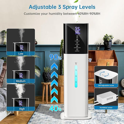 Humidifier Large Room Bedroom, 8L/2.1Gal Top Fill Cool Mist Humidifiers with Humidistat, 3-Speeds, 48H Runtime, Quiet Sleep Mode, Night Light, 12H Timer, 360° Nozzle & Aroma Diffuser for Baby, Plants