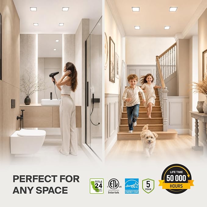 ASD 12 Pack LED Square Recessed Lighting 6 Inch, 5 CCT 2700K-5000K, 15W 60W Eqv Ultra Thin Dimmable Ceiling Lights with J Box, Canless Wafer Downlight, Slim Panel Light, UL Energy Star, Brushed Nickel