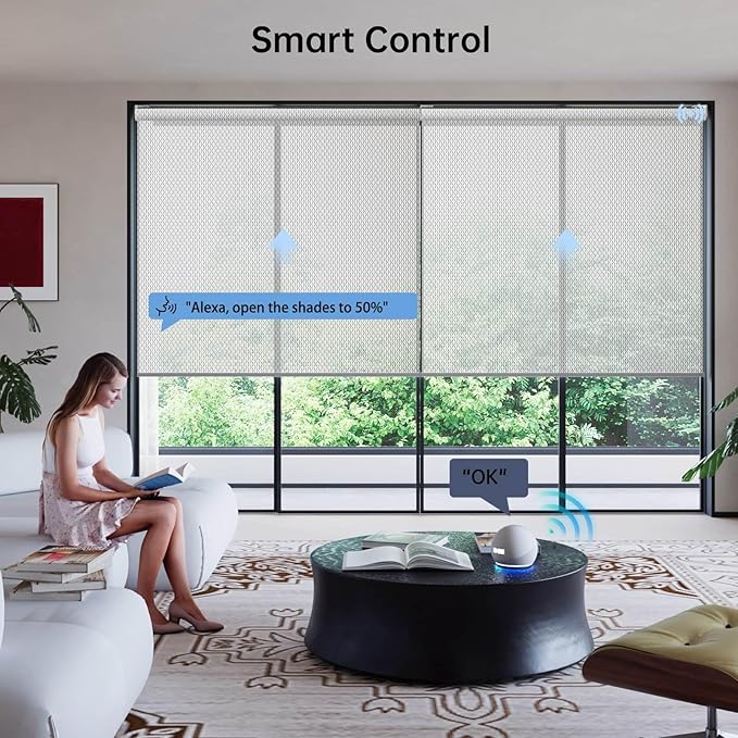 Motorized Coupled Shades, Falme Resistant Smart Solar Shades for Large Windows Automatic Blinds Compatible with Alexa, Electric Roller Blinds Customized for Home Office(5% Openness Sliver)