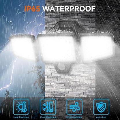 LED Security Lights Motion Sensor Outdoor Lights, 6500K Daylight, IP65 Waterproof, Dusk to Dawn, 3-Head Motion Detected Flood Light for Garage, Yard, Porch, 2Pack