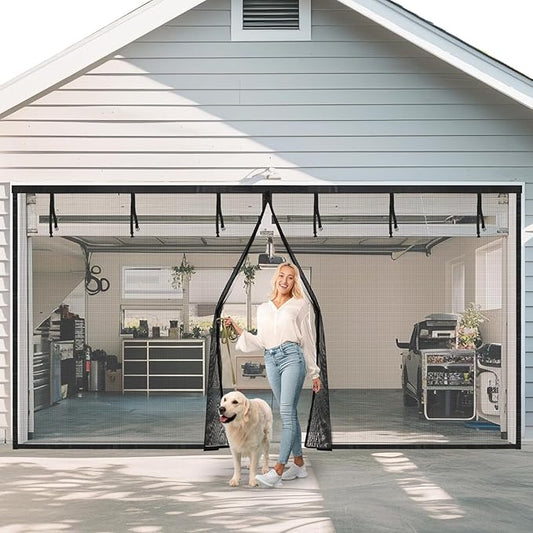 Garage Door Screen for 1 Car, 2 Car Garage, Magnetic Closure Heavy Duty Weighted Bottom Fiberglass Mesh Keep Annoying Animal Out (Black, 16 ft x 9 ft)