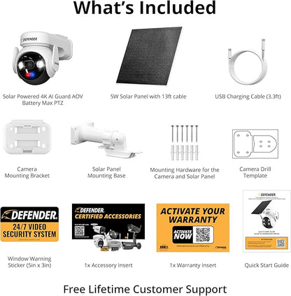 Defender Solar 4K Security Cameras Wireless Outdoor, 360° PTZ, AI Human Detection, Color Night Vision, Battery Max with 5W Solar Panel, Weatherproof Home Surveillance - AOV AI Guard Ultra-Charge