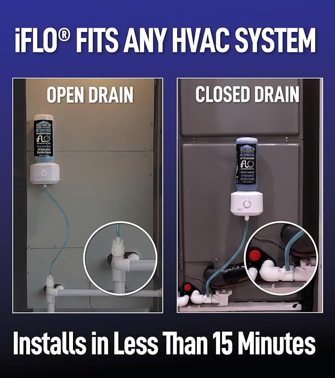 iFLO Smart Automated AC Drain Line HVAC Cleaning System (3 Month Supply) | Easy Installation, App-Controlled Air Conditioner Maintenance Kit for Drain Line & Drain Pan, Includes 36oz Cleaner Cartridge