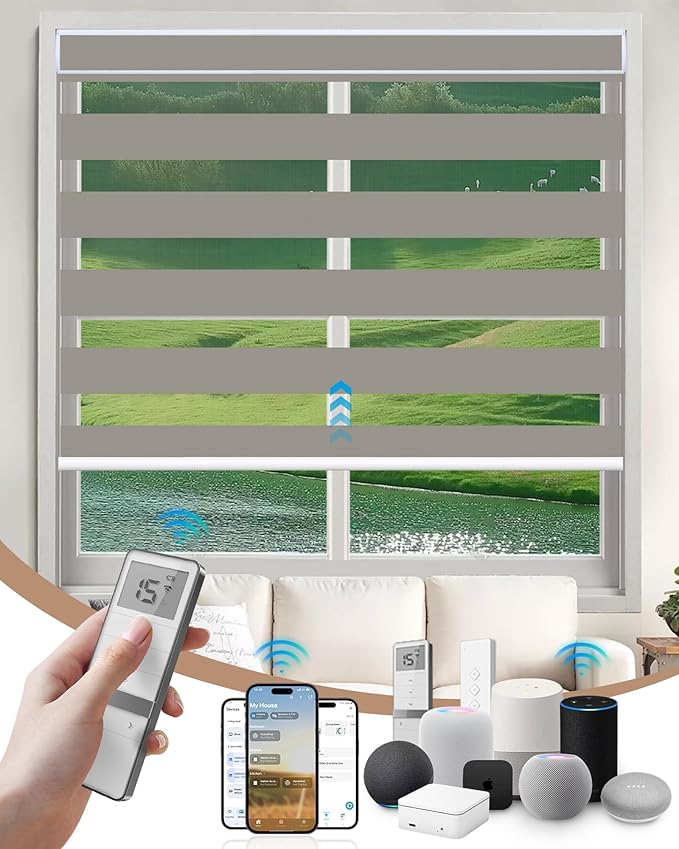 Kincmo Motorized Blinds with Remote, Motorized Zebra Shades Work with Apple Homekit,Alexa,Google Home, Customized Electric Blinds with Remote,App,Voice Control (95% Blackout Gabriel Coffee)