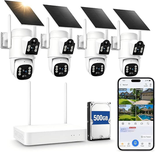 Camcamp Solar Security Cameras Wireless Outdoor, Dual Lens 4-Camera System