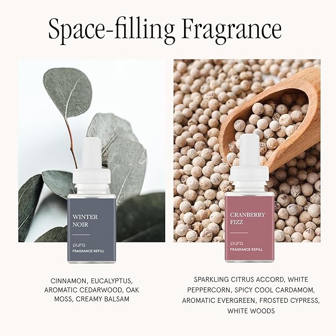Pura Smart Home Fragrance Device Starter Set - Pura 4 - Scent Diffuser for Home - Includes Fragrance Aroma Diffuser - Square Box, Winter Noir and Cranberry Fizz Scent Refills