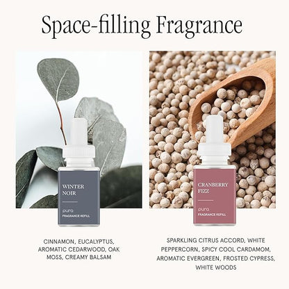 Pura Smart Home Fragrance Device Starter Set - Pura 4 - Scent Diffuser for Home - Includes Fragrance Aroma Diffuser - Square Box, Winter Noir and Cranberry Fizz Scent Refills