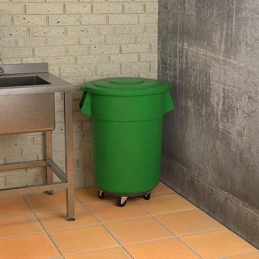 55 Gallon Green Round Commercial Trash Can with Lid and Dolly, Heavy-Duty Food Grade NSF Certified, Perfect for Restaurant, Office, School, Garage, Backyard, Workshop, Warehouse