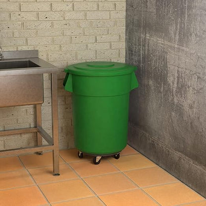 55 Gallon Green Round Commercial Trash Can with Lid and Dolly, Heavy-Duty Food Grade NSF Certified, Perfect for Restaurant, Office, School, Garage, Backyard, Workshop, Warehouse