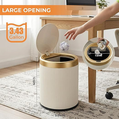 Pukomc Bathroom Trash Can with Lid，3.5 Gallon Motion Sensor Waterproof Touchless Garbage Can, Smart Plastic Trash Bins Suitable for Kitchen, Bathroom, Bedroom, Living Room, Office Beige