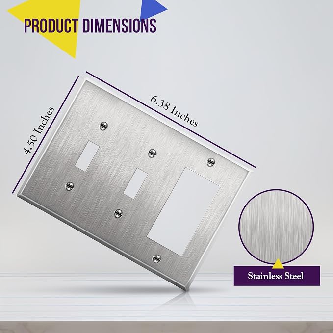 ENERLITES Combination Toggle Light Decorator Switch Metal Wall Plate, Corrosive Resistant, Size 3-Gang 4.50" x 6.38", 430 Gauge Alloy, 771231, Stainless Steel, Silver | Combination two toggle & one decorator, Rust-proof stainless, Standard 3-gang, 3-ye...