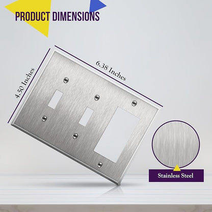 ENERLITES Combination Toggle Light Decorator Switch Metal Wall Plate, Corrosive Resistant, Size 3-Gang 4.50" x 6.38", 430 Gauge Alloy, 771231, Stainless Steel, Silver | Combination two toggle & one decorator, Rust-proof stainless, Standard 3-gang, 3-ye...