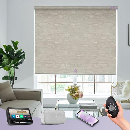 Graywind Motorized Roller Shades 100% Blackout Free Stop Window Shades Cordless Wireless Remote Control Window Roller Blinds with Valance for Smart Home and Office, Customized Size, Jacquard Coffee