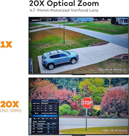ONWOTE 20X Optical Zoom 4K PTZ PoE IP Security Camera, Auto Cruising& Human Tracking, AI Detection Trigger Color Night Vision, 360° Pan 95° Tilt, Two Way Talk, 262-328ft IR, Outdoor Commercial Camera