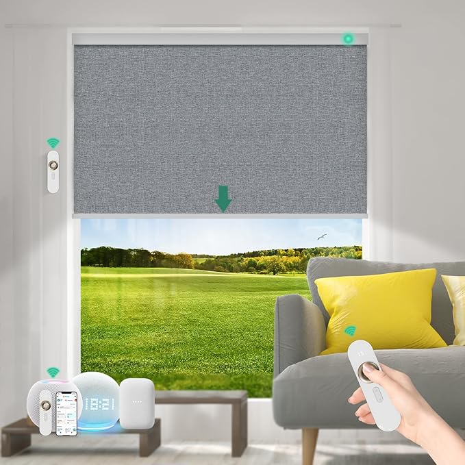 Motorized Blinds with Remote [100% Blackout & Silent Motor] Smart Blinds Compatible with Alexa Google HomeKit, Electric Roller Shades for Indoor Windows, Customized Size, Mist Deep Gray